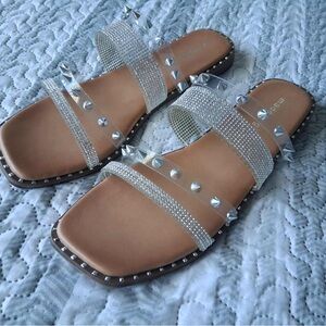 Madden Girl Studded Sparkle Flat Sandals Silver